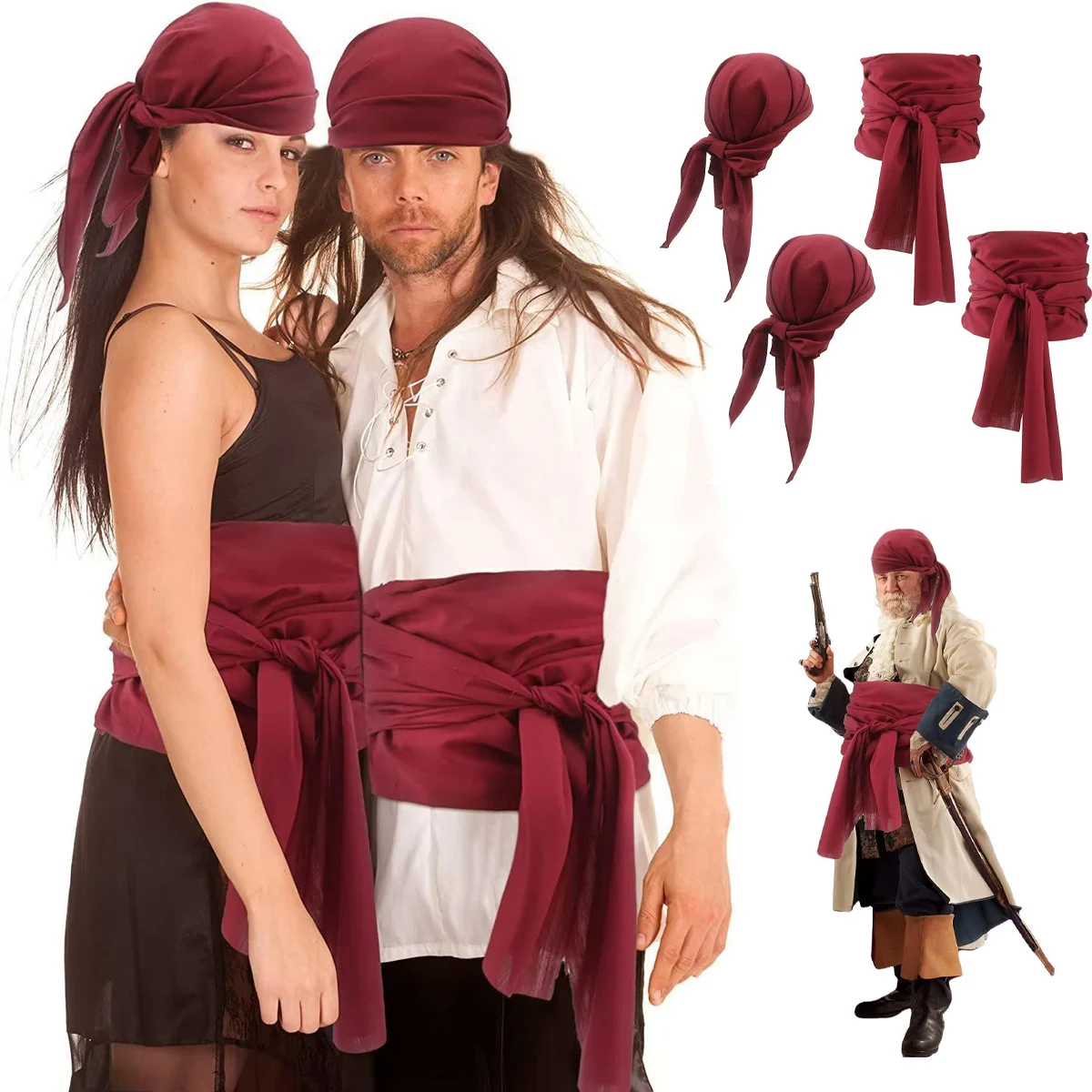 

2024, костюм пирата на Хэллоуин, шляпа, платок, пояс, средневековый Ренессанс, винтажные пираты, повязка на голову для женщин и мужчин, поясной ремень