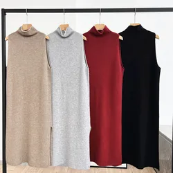 Autumn And Winter New Arrivals Women'S Knitted Vest Dress Pullover Half High Neck Sleeveless Loose Straight Slit Cashmere Dress