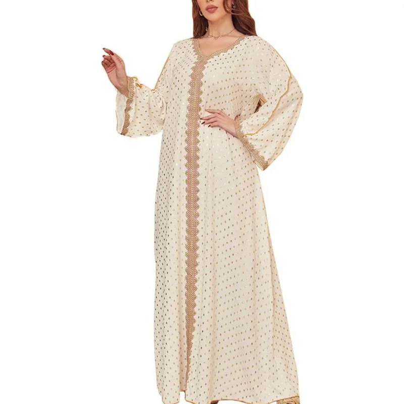 

Women's Muslim Abaya One-Piece V Neck Bronzing Dress Islamic Full Length Kaftan Daily Casual