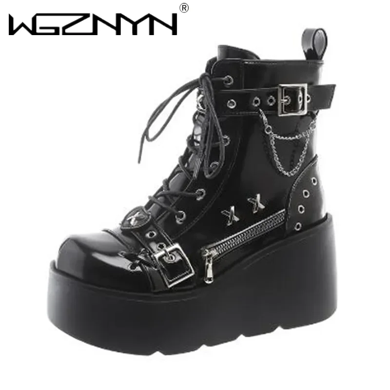 Women Platform Gothic Ankle Combat Boots Rivet Chain Wedges Punk Cosplay Zip Booties Autumn Winter Designers Motorcycle Shoes