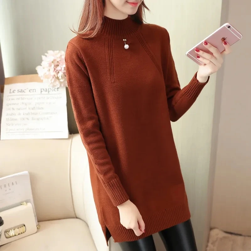 2023 New Korean Women\'s Autumn Long Long-Sleeve Sweater Pullover Female Loose Thick Mid-Length Bottoming Shirt Clothes Knitted