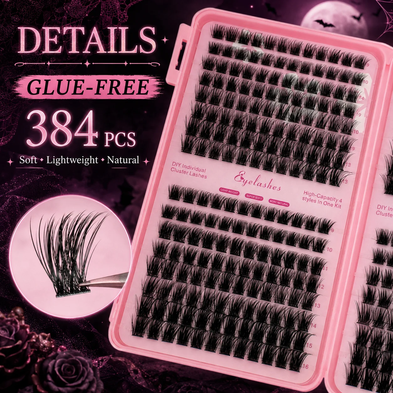 Lashera Lashera 384 Cluster Glue-Free Individual Lashes Halloween 4-in-1 Dramatic Volume Lashes 3D Faux Mink, One Box with 4 Different Styles - Glue-Free One-Touch Application, Lightweight and Soft, Suitable for Everyday Charm and Special Occasions