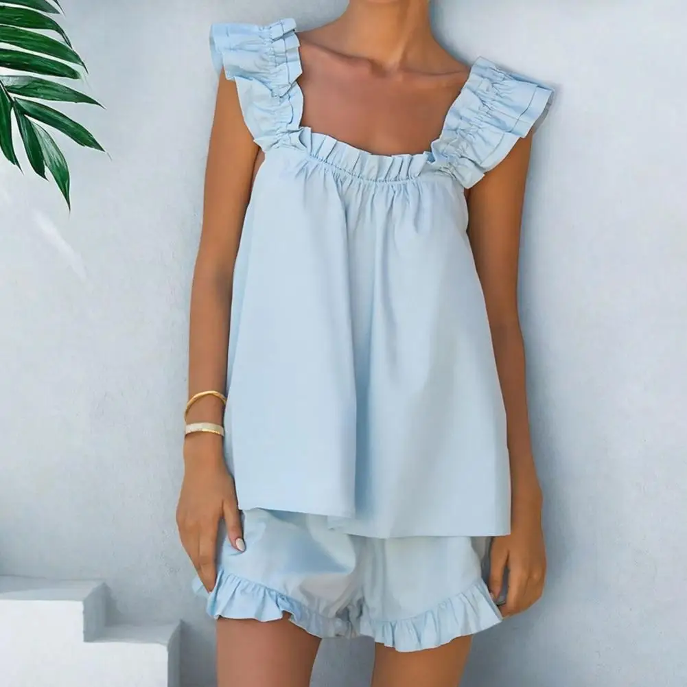 ชุดนอนสตรีชุด 2 ชิ้น Ruffle Trim Tank Top และกางเกงขาสั้นชุดนอนฤดูร้อน Cami Lounge ชุด