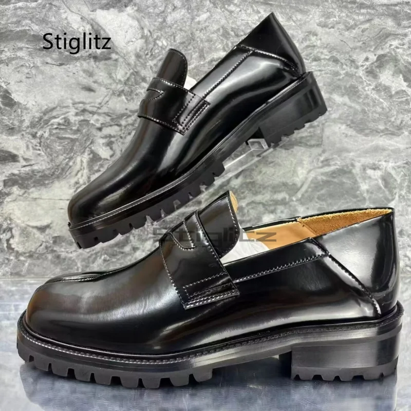 Chunky Platform Black Split Toe Shoes for Men Genuine Leather Loafers Cattlehide Business Casual Oxfords Dress Shoes Male Shoes