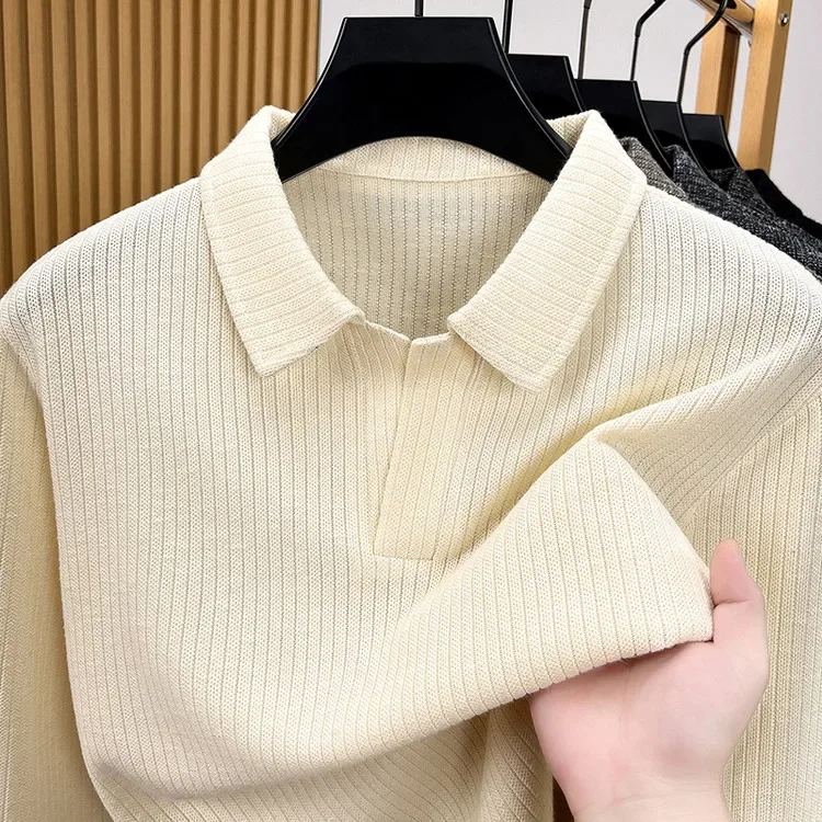 Men Lapel Collar Knitted Polo Shirt Long Sleeve Textured Ribbed Fabric Half Placket Slim Soft Knit Top Daily Casual Mens Tops