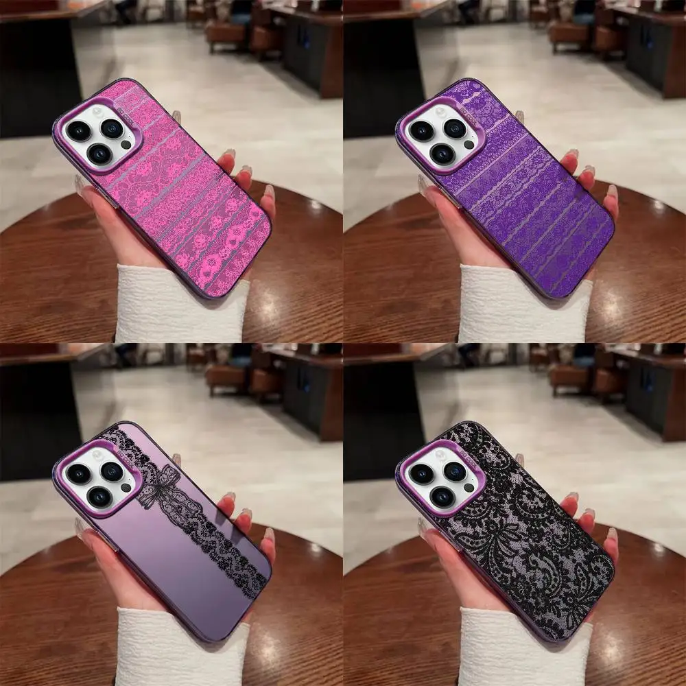 

Fashion Cool Pink Black Lace Print Phone Case For iPhone 16,15,14,13,12,11,Mini,Pro,E,SE4,XS,MAX Purple IMD Box
