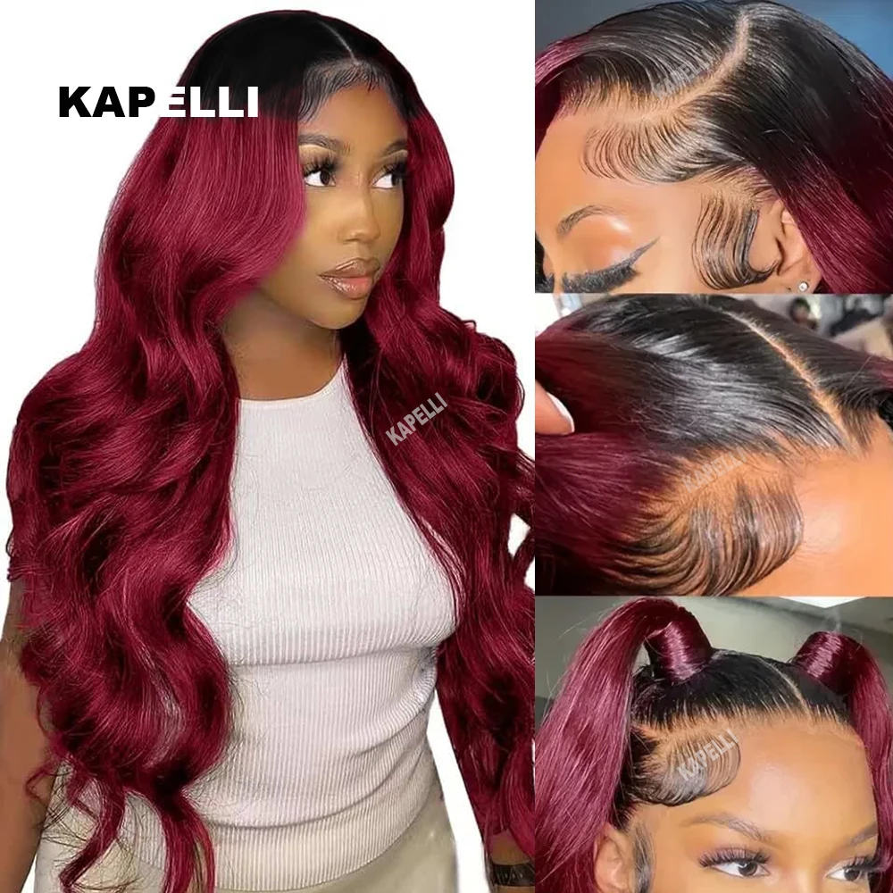 

1B99J Бордовая объемная волна 4x4 Закрытие Бразильские прозрачные человеческие волосы Предварительно выщипанные с детскими волосами 100% человеческие волосы ручной работы