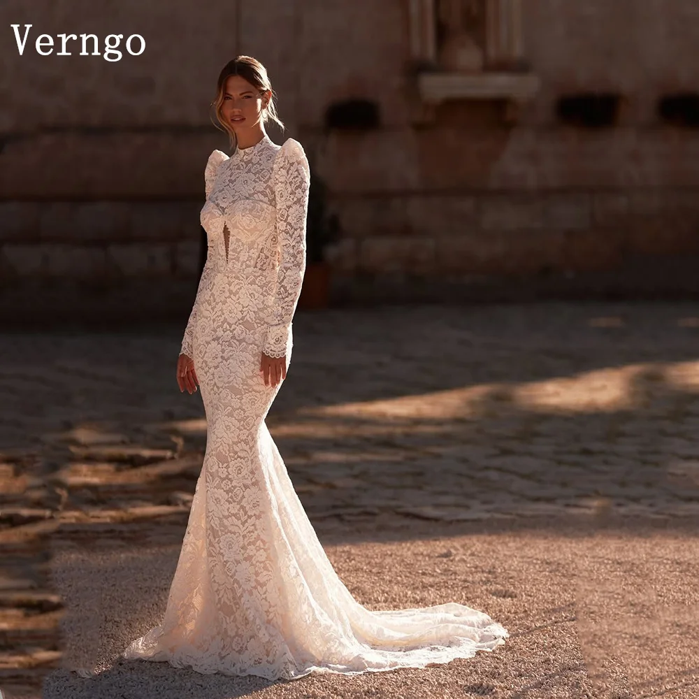 Verngo lvory Lace Wedding Dress Detachable Sleeves Mermaid Backless Bridal Gowns Sexy Bone Bride Dresses Customized