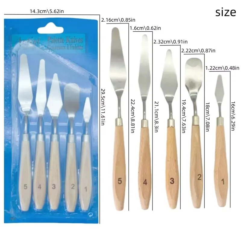5Pcs Wooden Handle Painting Palette Knives Set Stainless Steel Art Spatulas for Acrylic Oil Paint Mixing Scraping Art Supplies view 2