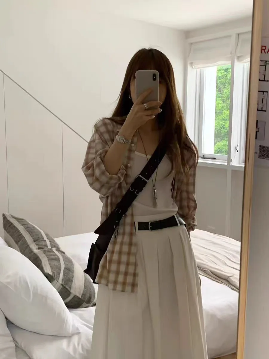 

Свободная повседневная женская рубашка в клетку с длинным рукавом, весна 2026, в корейском стиле Донгдэмун, хлопковый фланелевый кардиган на пуговицах