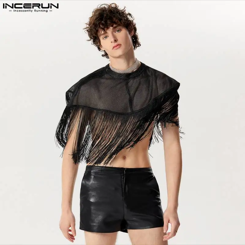 2024 Men Tank Tops Cloak Tassel Patchwork O-neck Sleeveless Irregular Vests Streetwear Sexy Fashion Male Ponchos INCERUN S-5XL