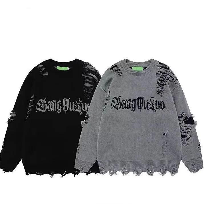 

Retro American k Sle Hollow out Letter Hole Knitwear ex Autumn Winter Trendy Hip Hop High Street Haome Knitted Sw...