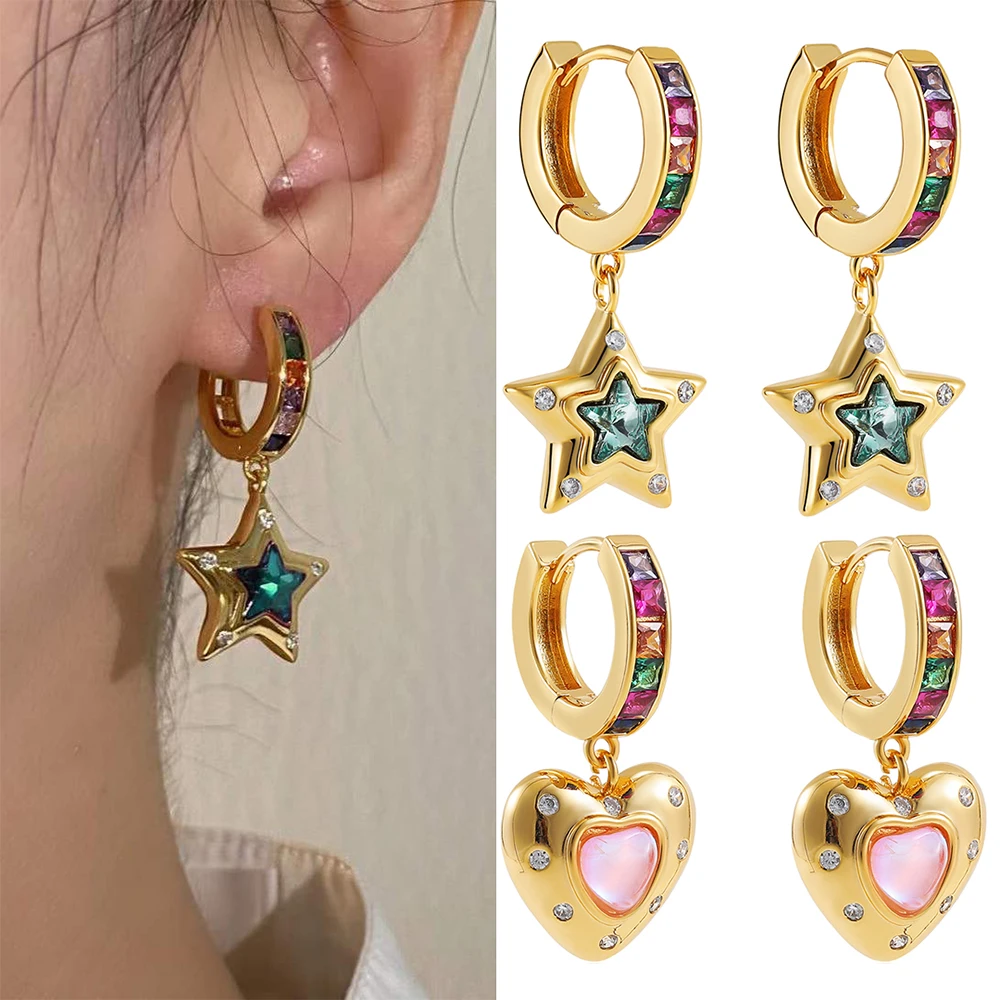 

New Rainbow CZ Huggie Hoop Earrings for Women Gold Plated Crystal Heart Star Drop Earring Statement Fashion Jewelry Gifts