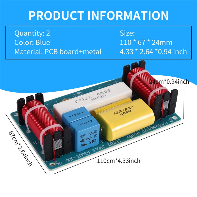 B68A 2 peças WEAH-338 divisor de frequência de áudio de 3 vias agudos + médio + baixo filtro de alto-falantes crossover para alto-falante de 8 espaços diy
