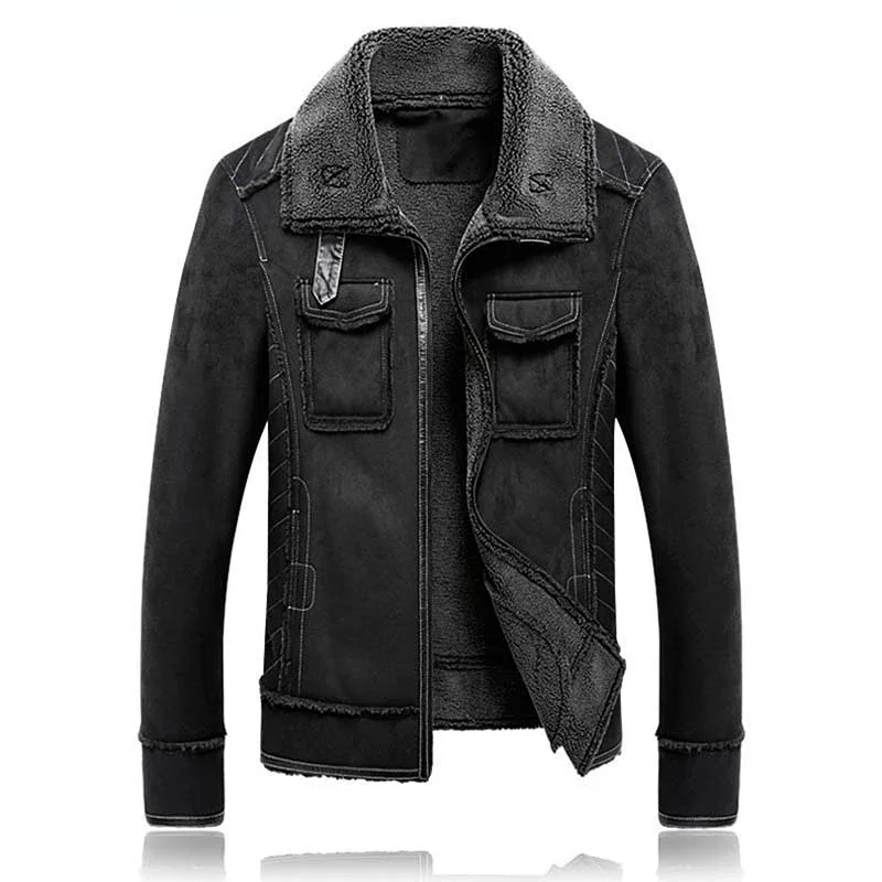 M-5XL Men Suede Leather Jacket Turn-down Collar Coat Winter Warm Outwear Pockets Black Plus Size Clothing