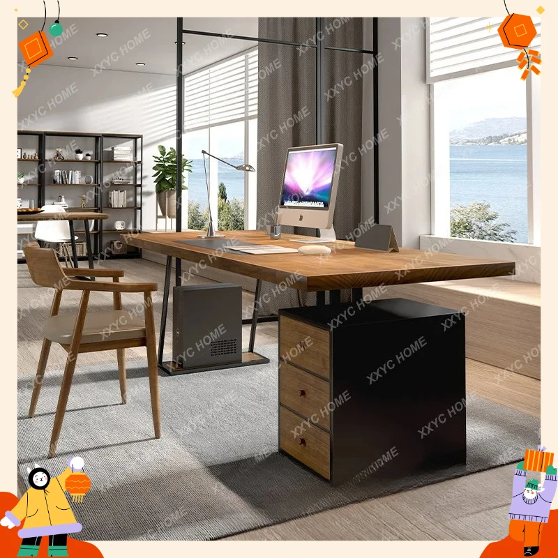 A Study solid wood desk top computer desk log workbench with chest of drawers boss home writing desk