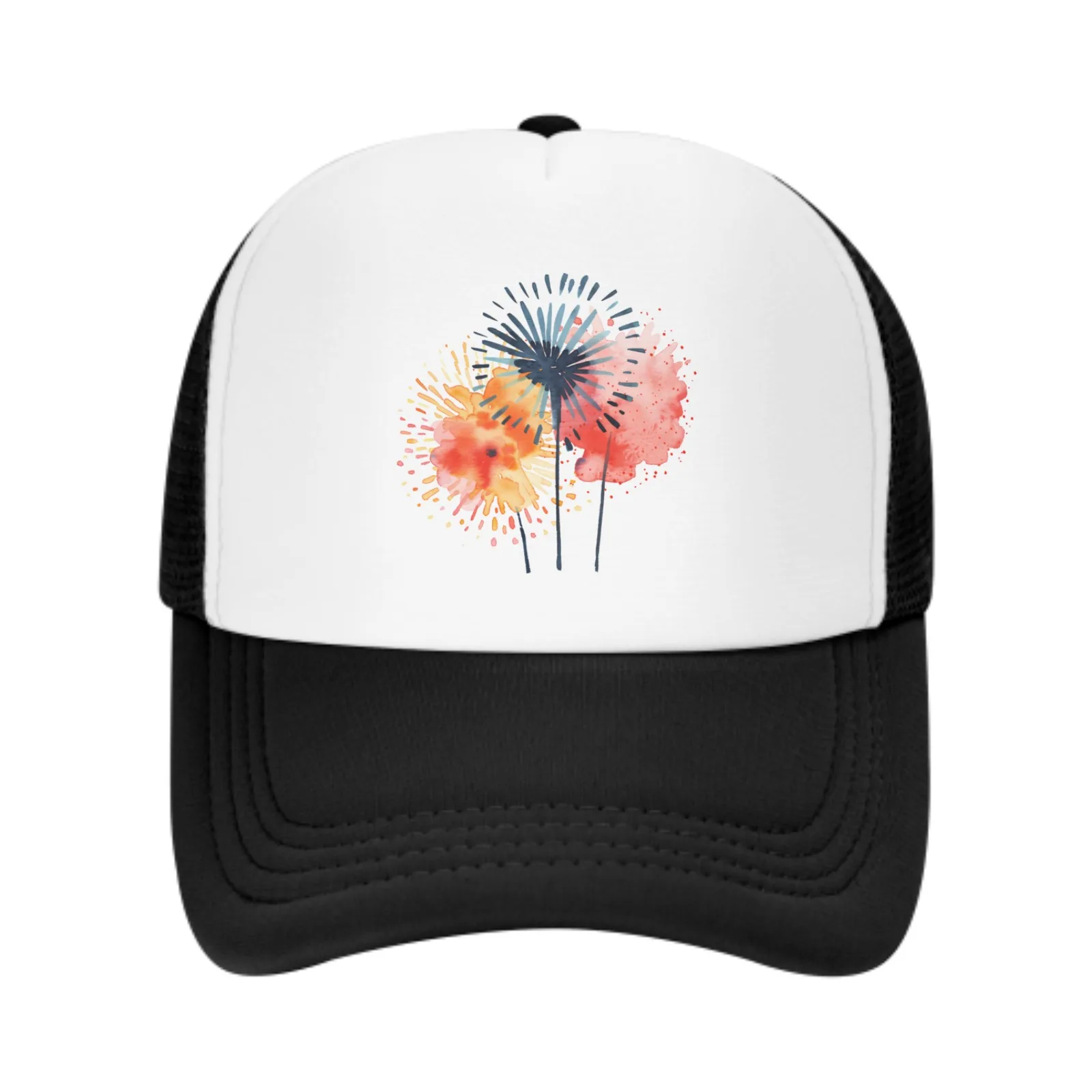 Watercolor Fireworks Mesh Trucker Hats for Men Women Adjustable Casual Fashion Baseball Caps for Outdoor Activities