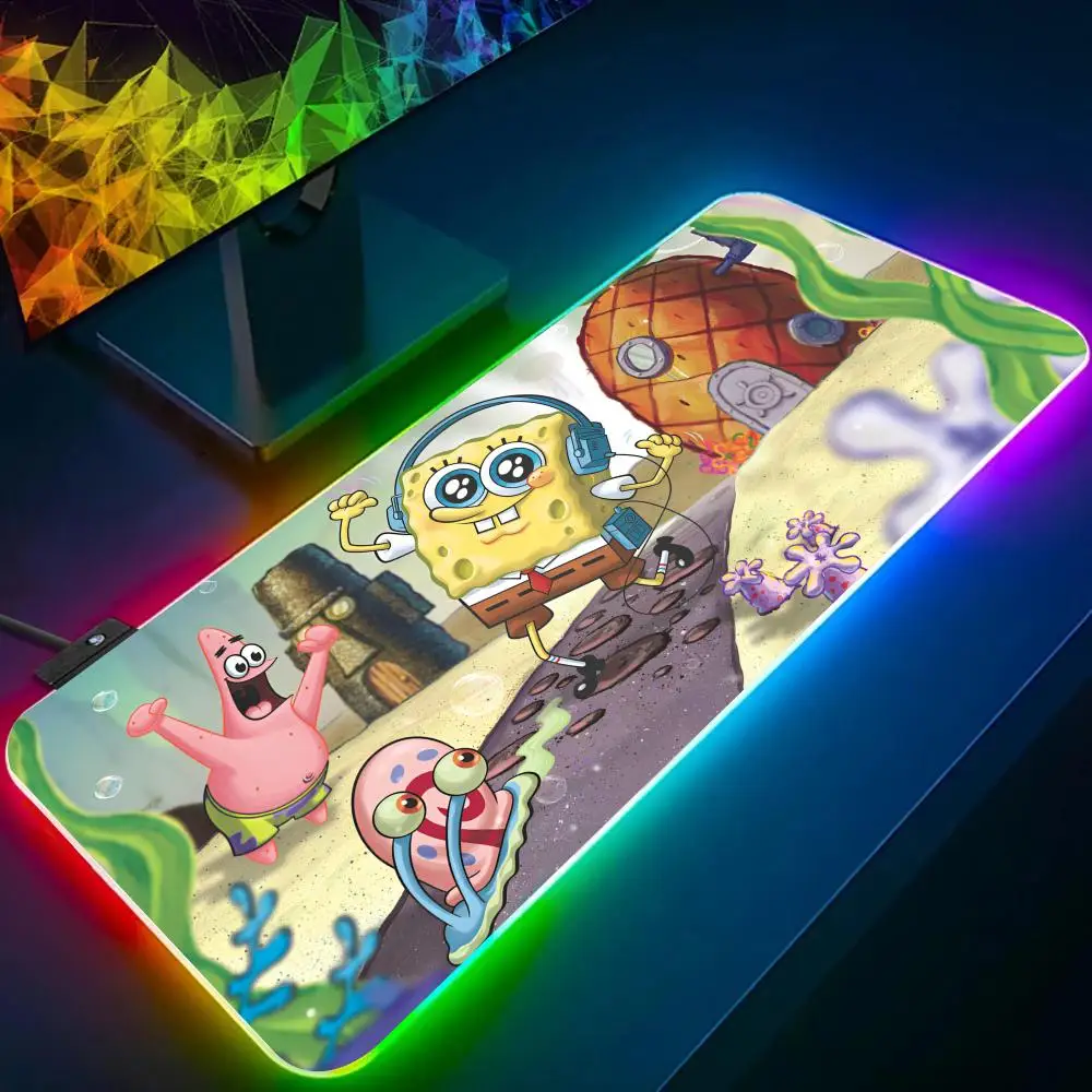 Anime Game S-SpongeBob Mouse Pad RGB Glow Personality Picture Custom PC Table Mat Carpet Mat Game Player Dedicated LED