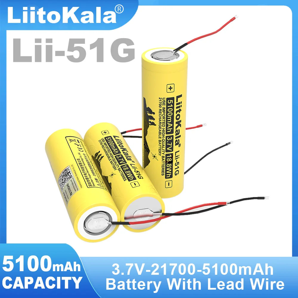 1-6PCS LiitoKala Lii-51G 21700 3.7V 5100mAh Lithium ion Battery 24v 36v 48v 60v Rechargeable batteries DIY Silicone Cable