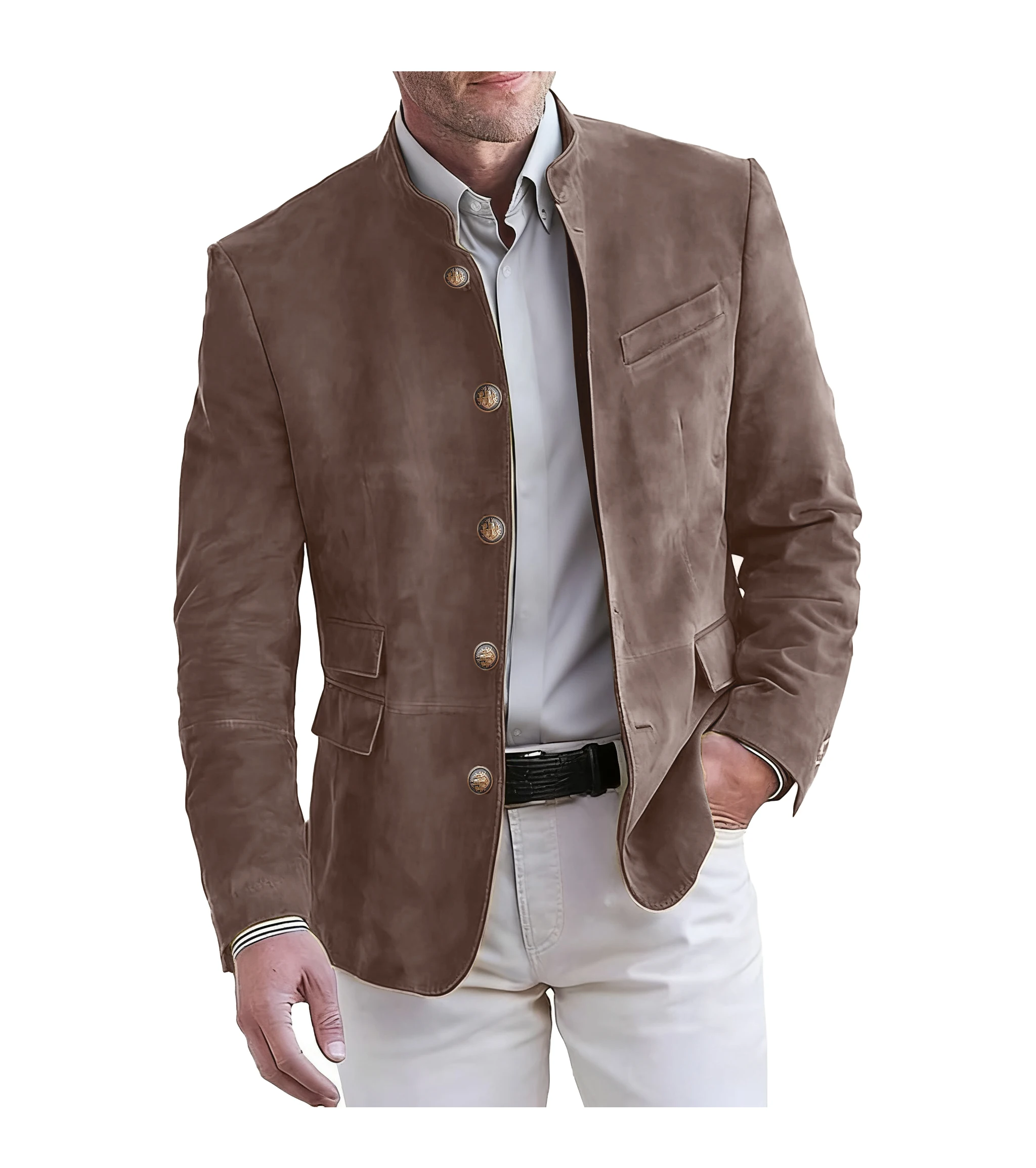 남성용 우아한 멀티 포켓 블레이저 재킷 스탠드 칼라 싱글 브레스티드 캐주얼 아우터웨어 솔리드 컬러 레귤러 남성 오피스 재킷