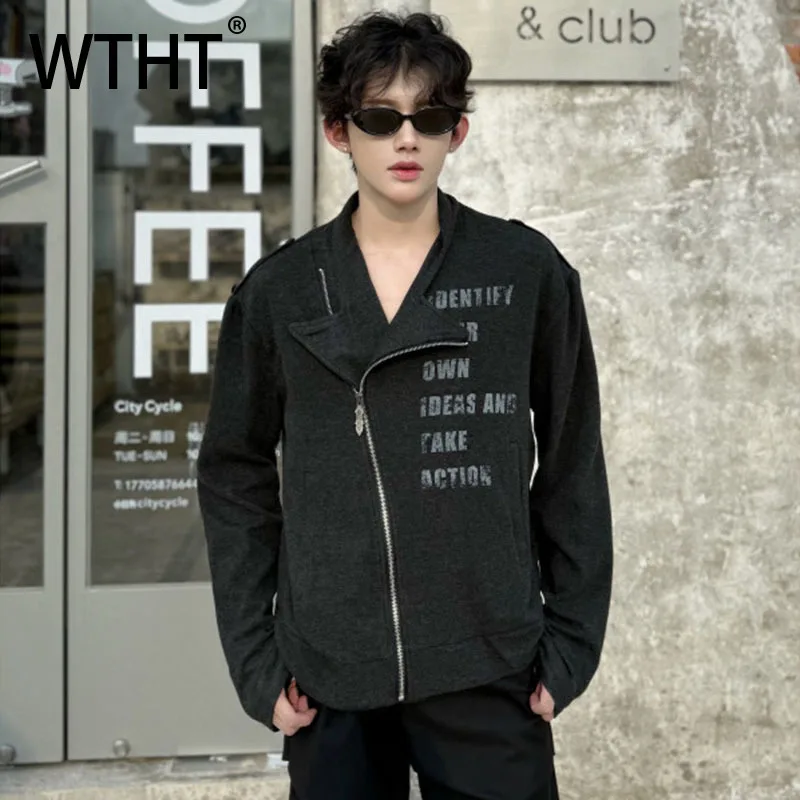 

WTHT Fashion Men's Letter Print Irregular Design Coats Trendy 2025 Autumn Loose Zipper Lapel Long Sleeves Jackets Male 2A1909