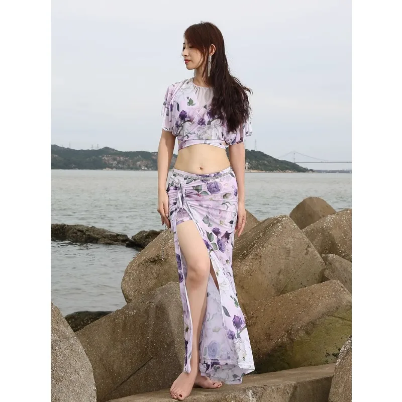 Customized Belly Dance Costume Practice Dress Sexy Water Yarn Fabric Performance Dress Female Adult Set Top Long Skirt vest 3Pcs