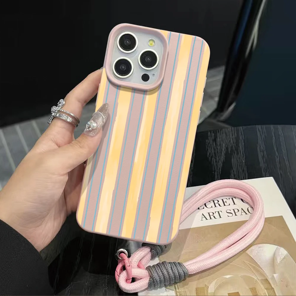 Contrast Stripe Hand Wrist Strap Leather Phone Case For iPhone 17 13 11 12 Pro Max Plus 15 14 16 XR XS 17 Air With Lanyard Cover view 2