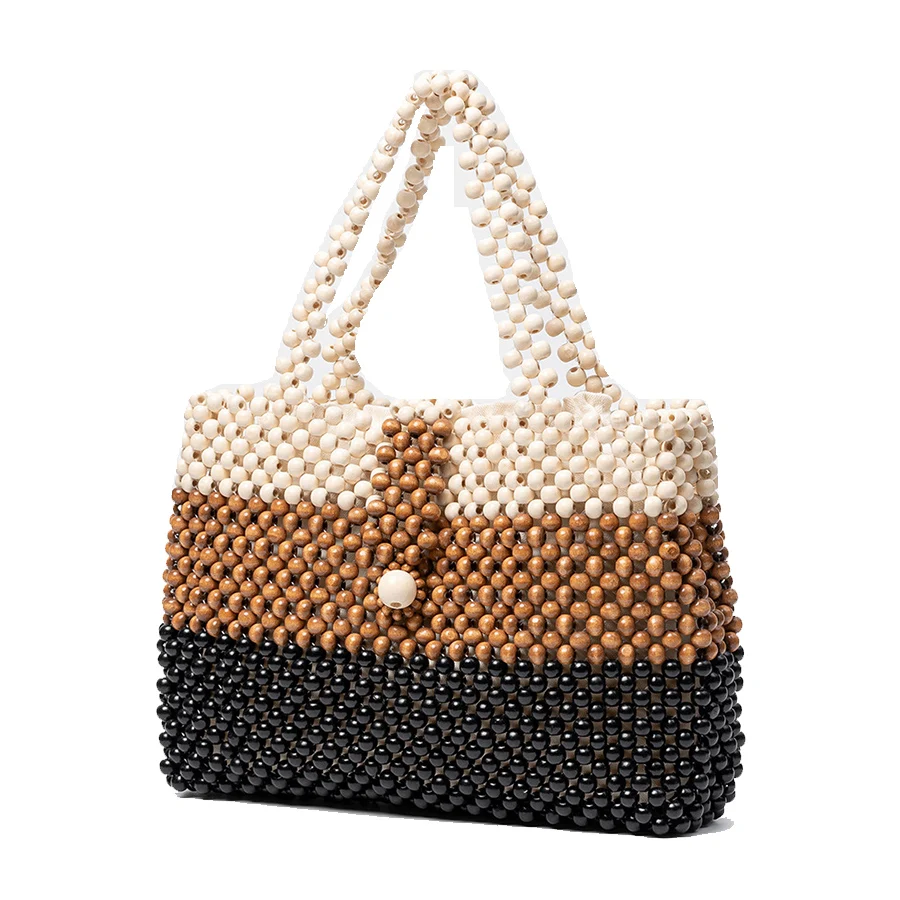 

Summer Travel Color-Blocking Design Hand-Woven Bag Bohemian Beaded Tote Hollow-out Female Reticulate Netted Canvas Beach Handbag