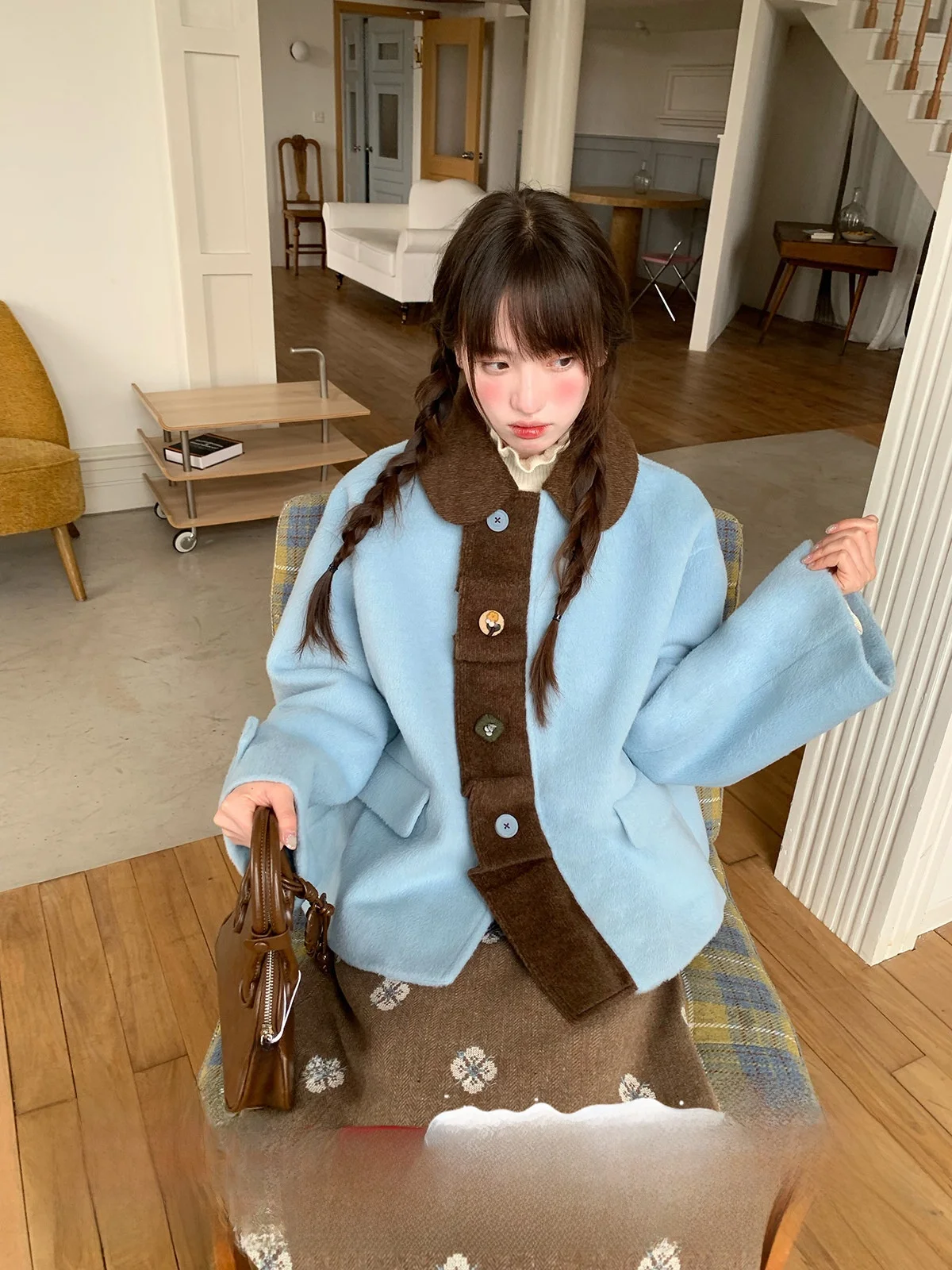 

Blue Oversized Women's Coat Set Fre Outfit Autumn Winter College Sle Retro Artistic Color Blo Loose Suit Korean Version
