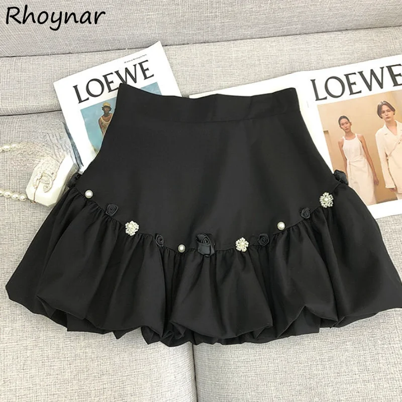 

Mini Skirts Women Summer A-line Solid Black Appliques High Waist Punk Style Streetwear College Aesthetic All-match Ulzzang Jupe