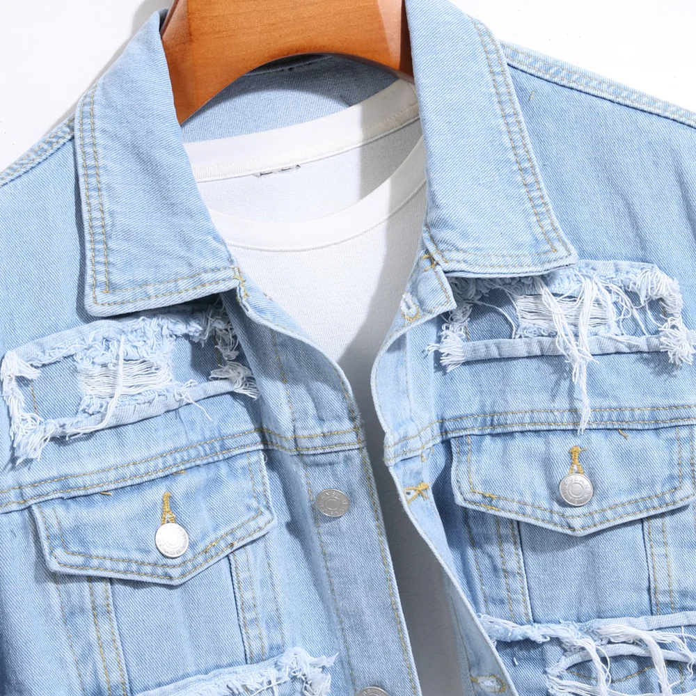 Stylish Street Style Men Ripped Distressed Stacked Splicing Slim Denim Jacket High Quality Male Motorcycle Jacket Coat