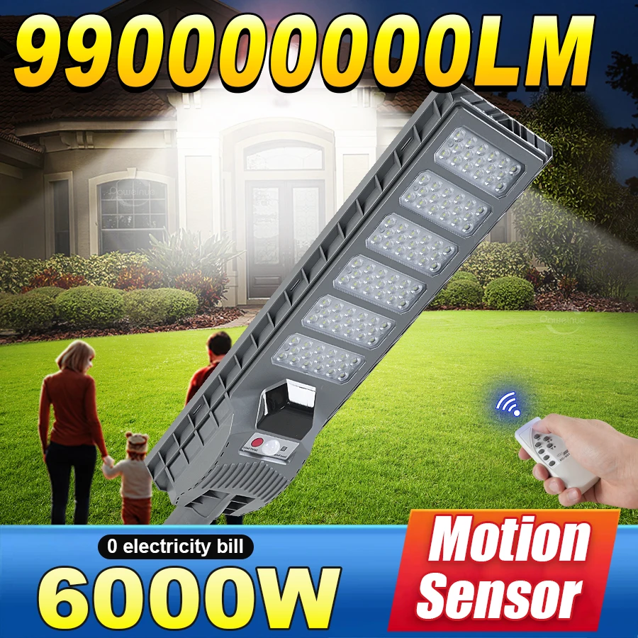 

990000000LM 6000W Solar Street Light LED Floodlight Motion Sensor Solar Garden Lamp Waterproof Outdoor Solar Lantern For Patio