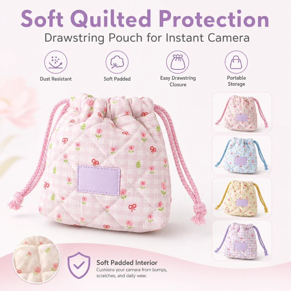 Quilted Fabric Drawstring Camera Pouch Floral Pattern Portable Camera Storage Bag Soft Padded Camera Case Accessory Organization