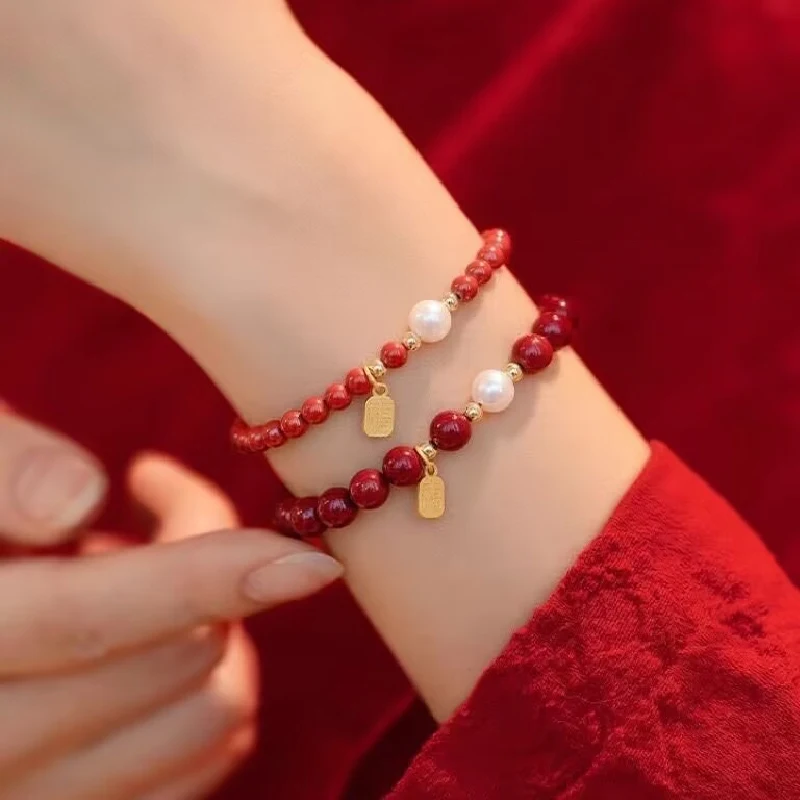 

Vintage Good Luck Natural Stone Cinnabar Red Gold Color Pearl Beads Beaded Chinese Style Bracelet for Women Party Jewelry Gift