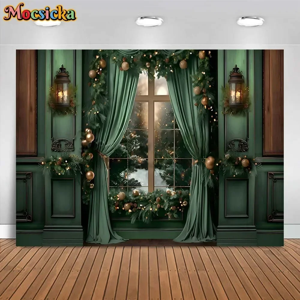 Mocsicka Christmas Photography Background Green Vintage Wall Curtain Interior Window Snow Family Portrait Photo Backdrops Studio