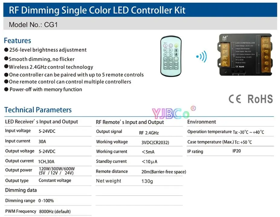 2.4G RF Dimming Single Color LED Controller Kit 5V-24V 1CH*30A Monochrome LED Strip Switch Dimmer