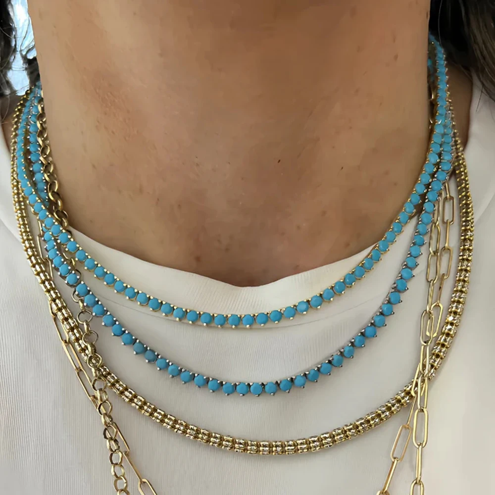 New Fashionable Same Series 3mm Turquoise Pavé Punk Style Hip-Hop Jewelry Tennis Chain Women's Bracelet Necklace Wholesale