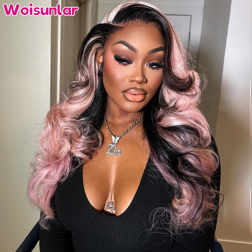 

36 inches Ombre Pink and Black Front Lace wigs human hair 13x4 Transparent Lace body wave 200% Black Women Natural Human hair