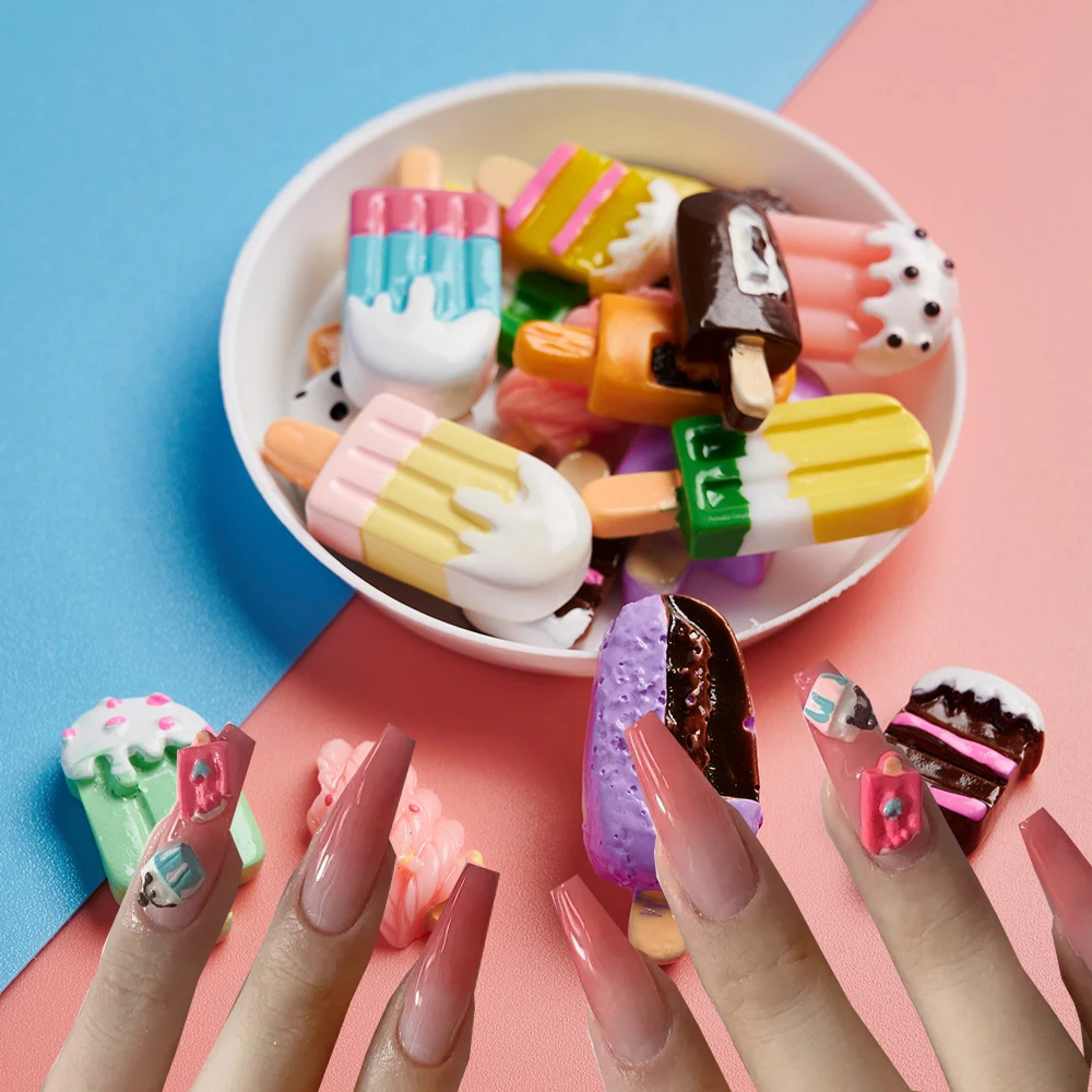 50pcs Mini Ice Cream Popsicle Flat Back Resin Nail DIY Accessories Mixed Cartoon Nail Decoration Random Color Style Nail Jewelry