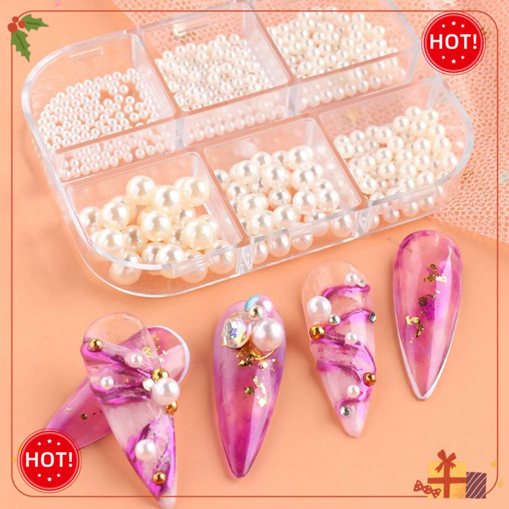 ABLE-1Box decoraciones de perlas, dijes para uñas, piezas redondas blancas para uñas, bolas de cuentas de acero dorado, joyería, accesorios para decoración de uñas