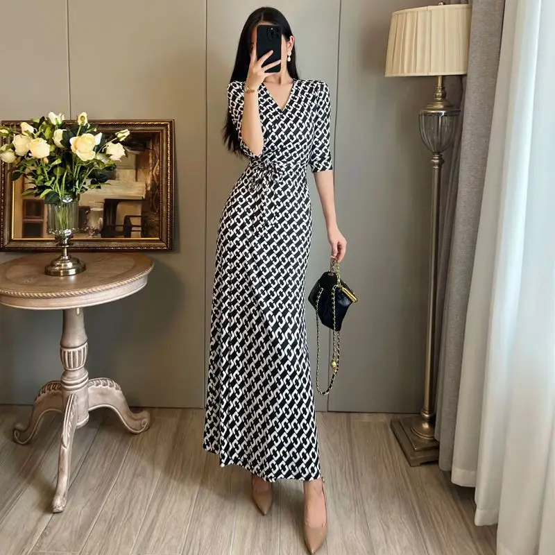 Elegant Fashion Harajuku Slim Fit Female Clothes Loose Casual All Match A-line Skirt High Waist Three Quarter Sleeve Dresses