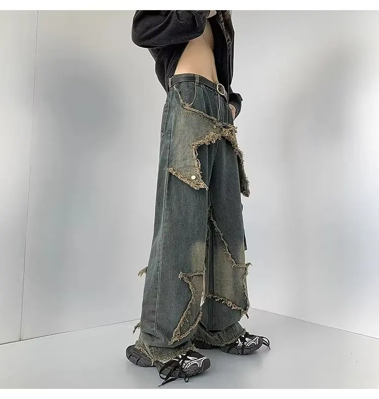 American Style Wide-leg Trousers Five-star Fringe Washing Jeans Retro High Street  Men Loose-fit Straight-leg Streetwear Hip Hop