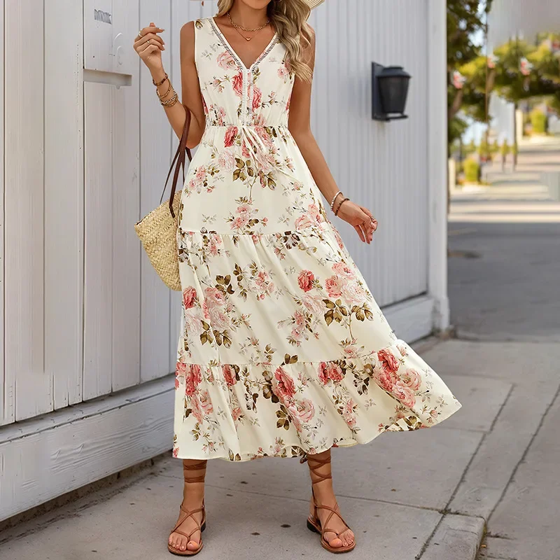 

2025 Summer Women's Printed V-Neck Sleeveless Fashion Dress Sexy Flower Mini Dresses Vintage Clothes Vest Ropa Elegant Vestidos