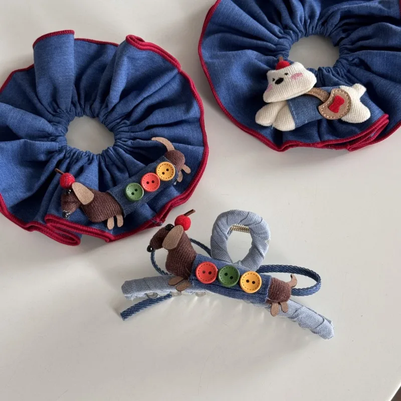Button Cartoon Cute Dachshund Blue Scrunchie Adorable Hair Tie Bun Hair Rope Hair Accessory New Style