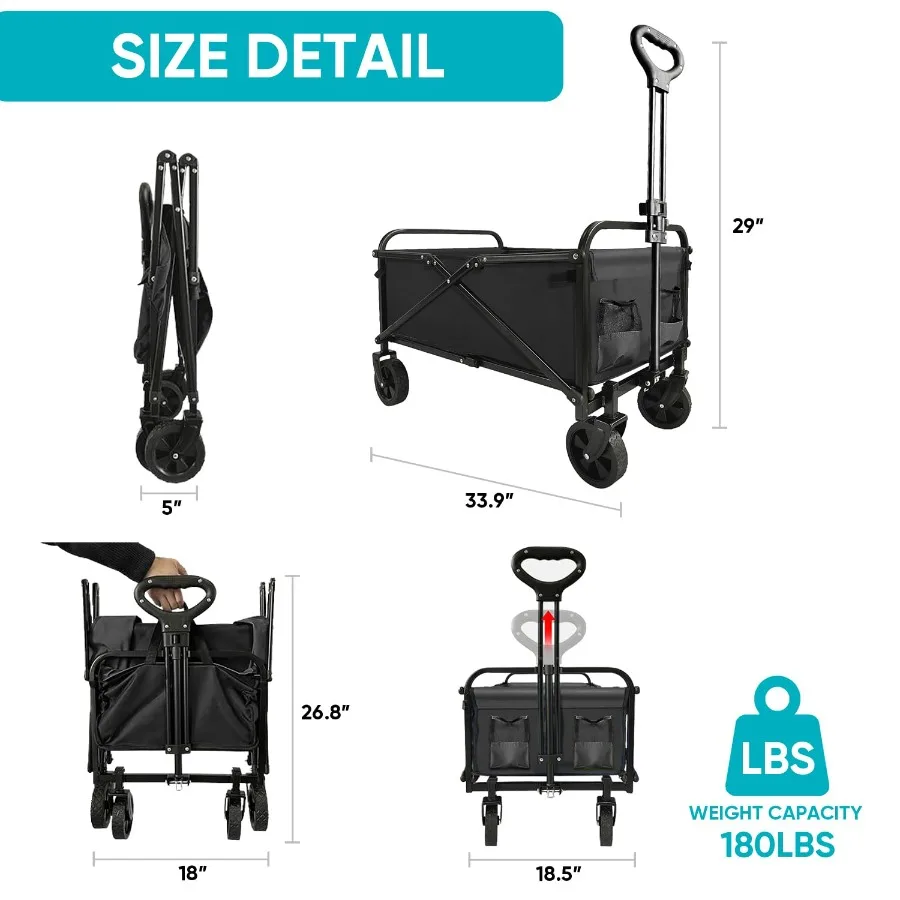 عربة شاطئ قابلة للطي وقابلة للطي بسعة كبيرة وعربة قابلة للطي شديدة التحمل ومحمولة للرياضات الخارجية والتسوق والتخييم باللون الأسود