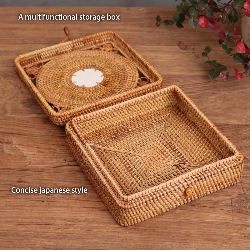 Handwoven Rattan Storage Box With Lid Chinese Knot Ornament Boxes Tea Food Container Picnic Bread Cake Basket Kitchen Organizer