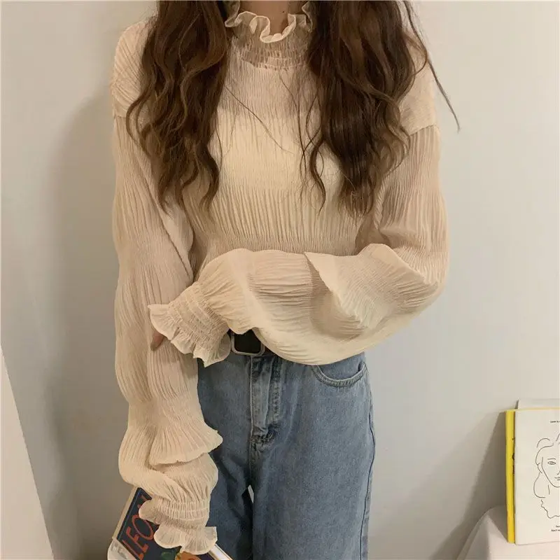 Basic Solid Color Fashion Shirring Shirt Folds Turtleneck Autumn Winter Thin Long Sleeve Women\'s Clothing Korean Sweet Blouse