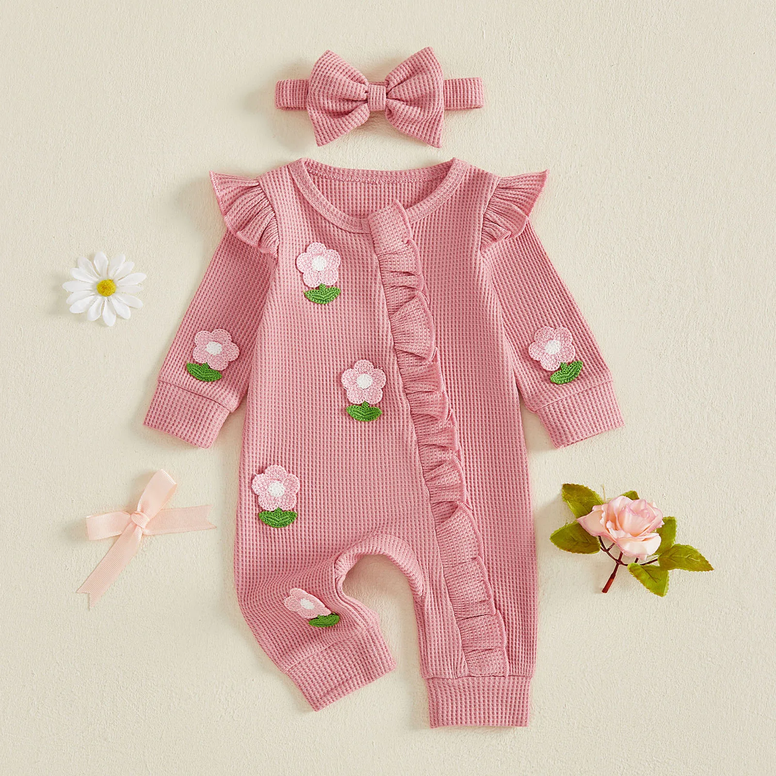 Baby Girls Fall Zipper Romper Cute Long Sleeve Crocheted Flowers Jumpsuits & Headband Autumn Baby Waffle Clothes