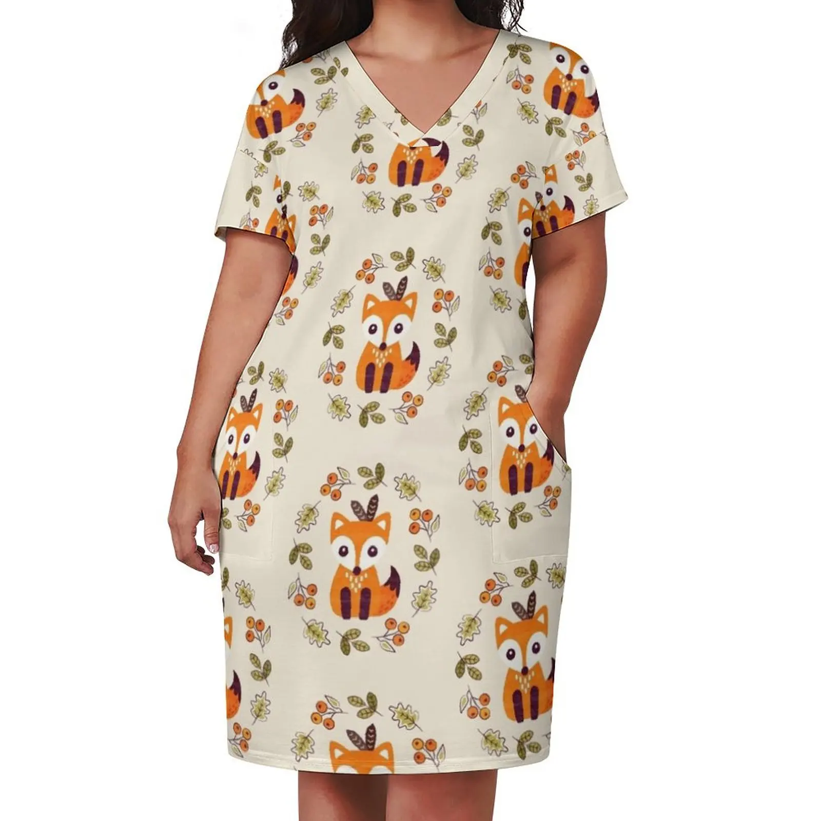 Little Fox with Autumn Berries Loose Pocket Dress summer women