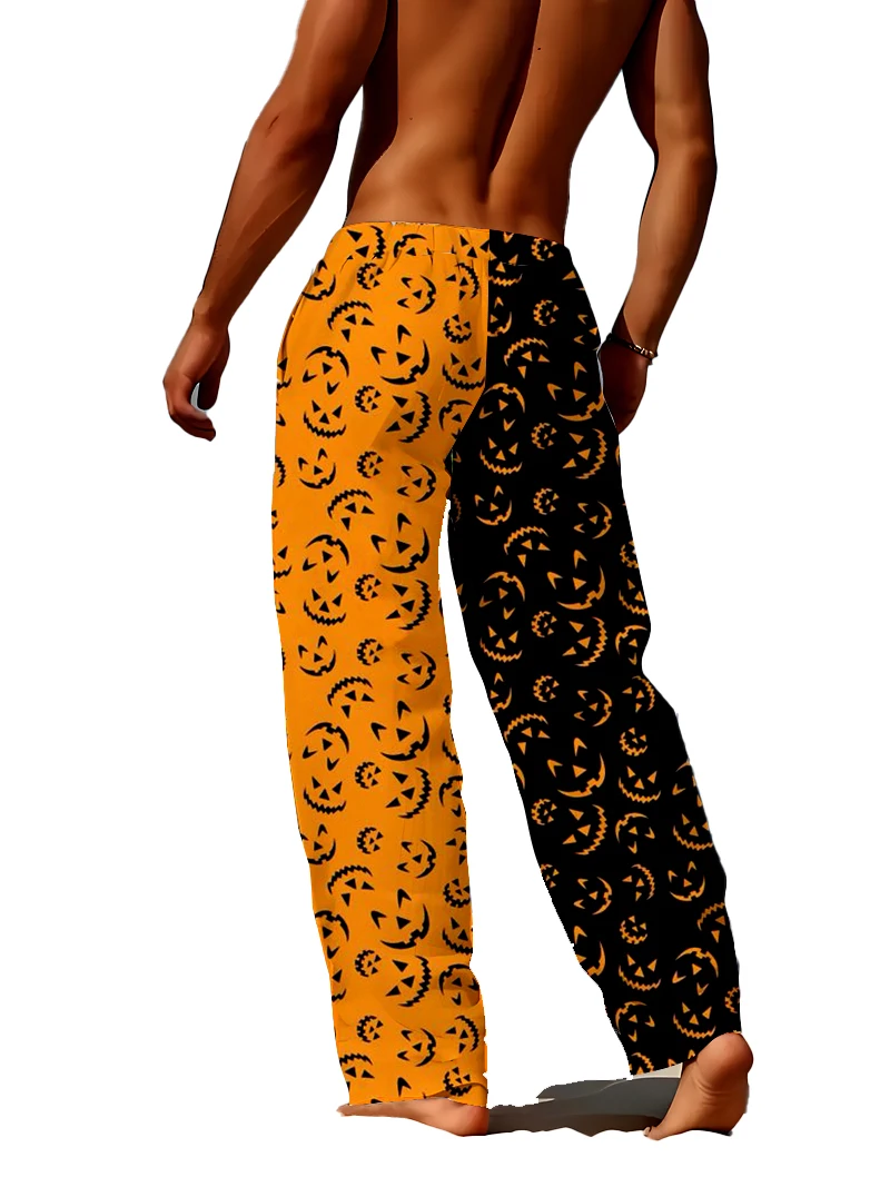 

3D digital printing, Halloween pumpkin smiling face pattern men's loose wide leg pants, fast drying non fading home casual pants